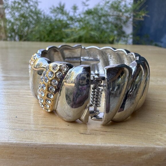 VTG Bangle Bracelet Rhinestone Hinge Gold Silver Tone Statement Classy Size 6 - Picture 6 of 10